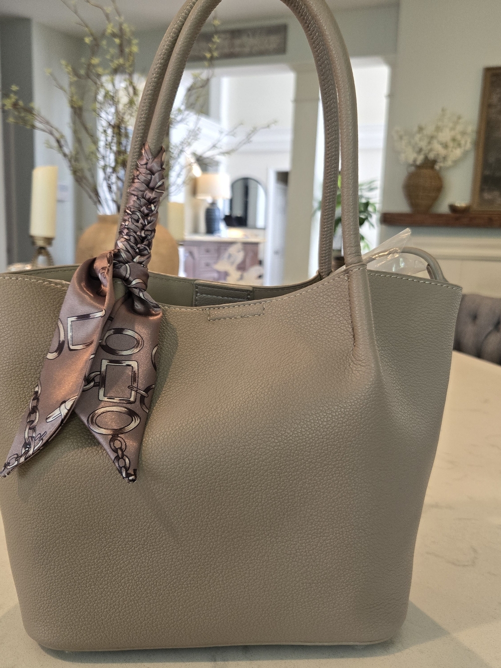 NWT Classic Women's Tote Bag in Taupe with Decorative Scarf